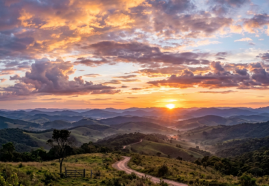 Avanço do tempo seco coloca centro do país em estado de alerta Rolling hills and a winding dirt road under a vibrant sunset sky with clouds